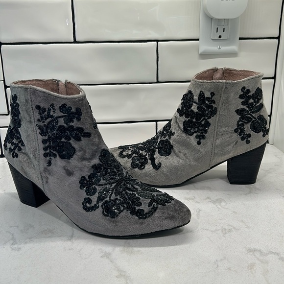 Free People Night Out Leather Velvet Black Sequins Grey Ankle Booties